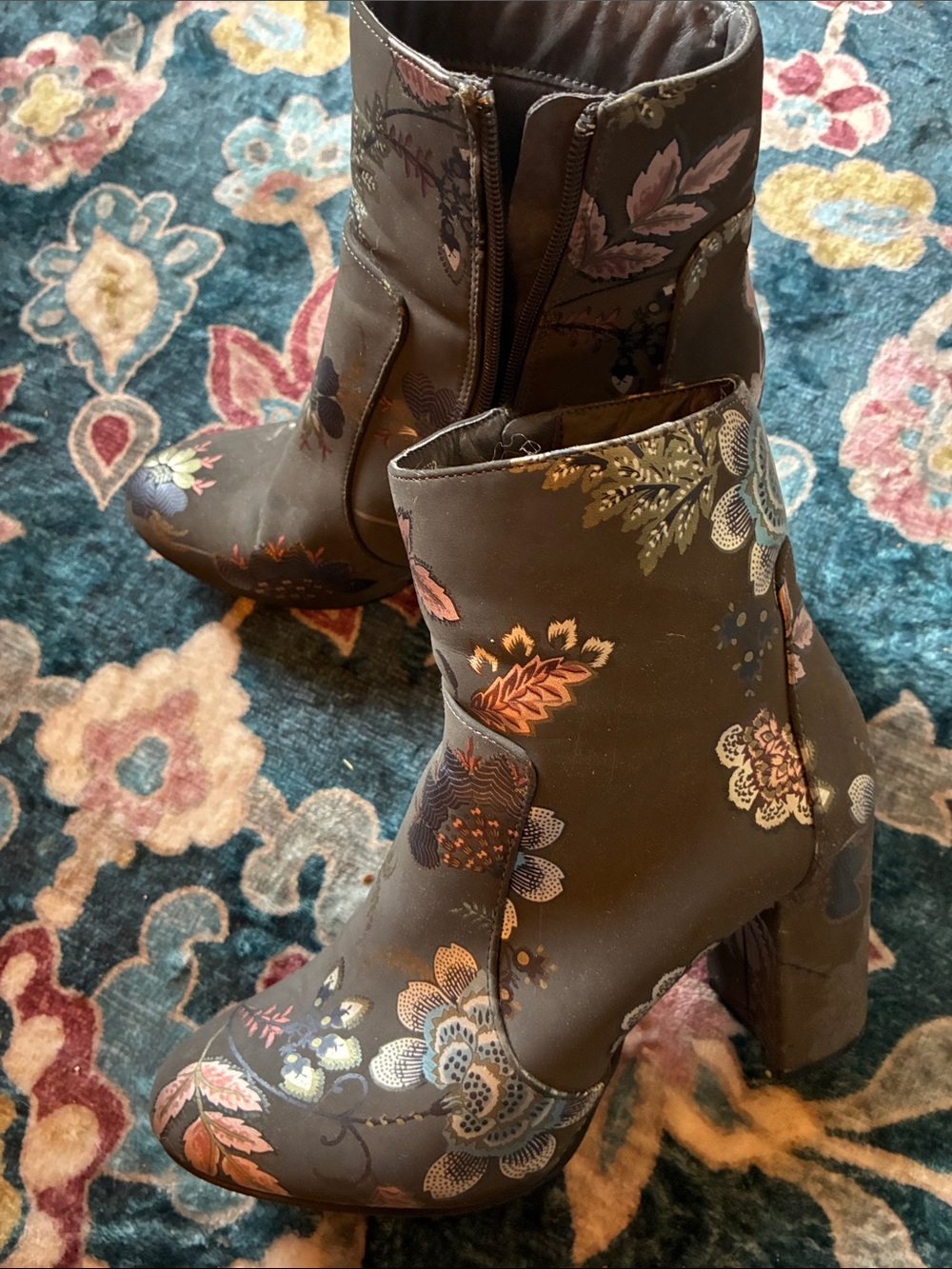 Floral Pattern Gray Ankle Boots - Women's Heeled Booties